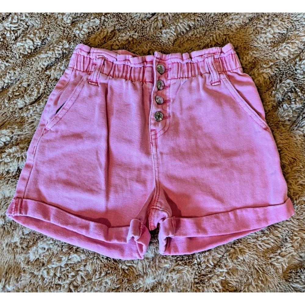 Forever 21 Pink Denim Shorts Girls 11/12 Elastic Waist Button Fly Rolled Hem